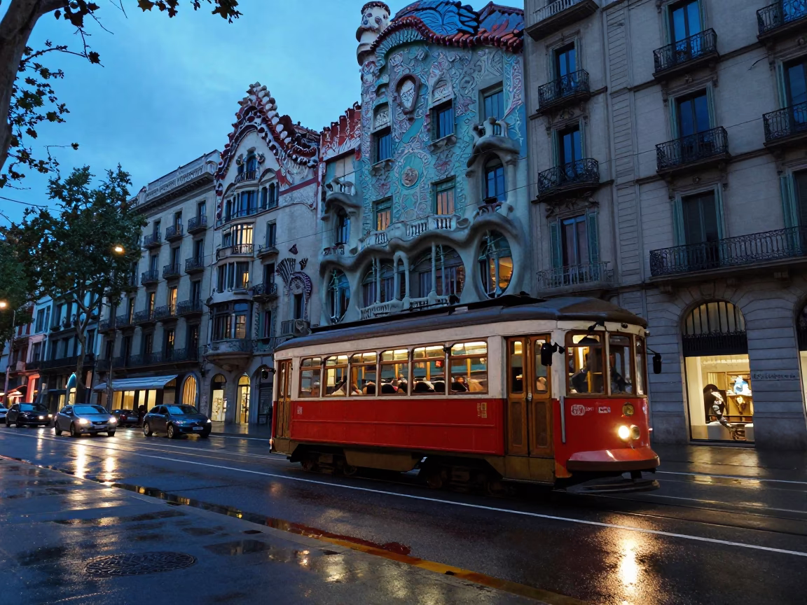 Barcelona Evening Blue Hour Tram Passing Art Nouveau Facades with Puddle Reflections in in Barcelona, Spain