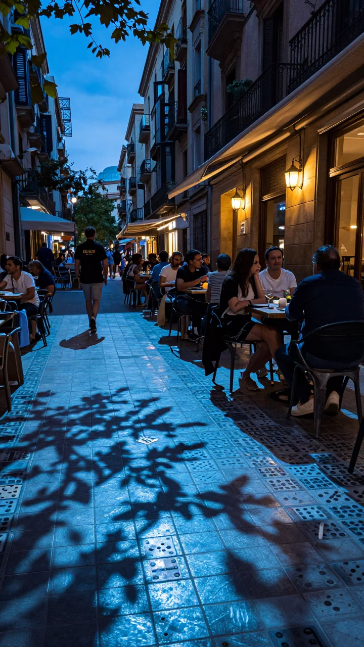 Barcelona Evening Blue Light Leaf Shadows Tiled Floor Dominoes in in Barcelona, Spain