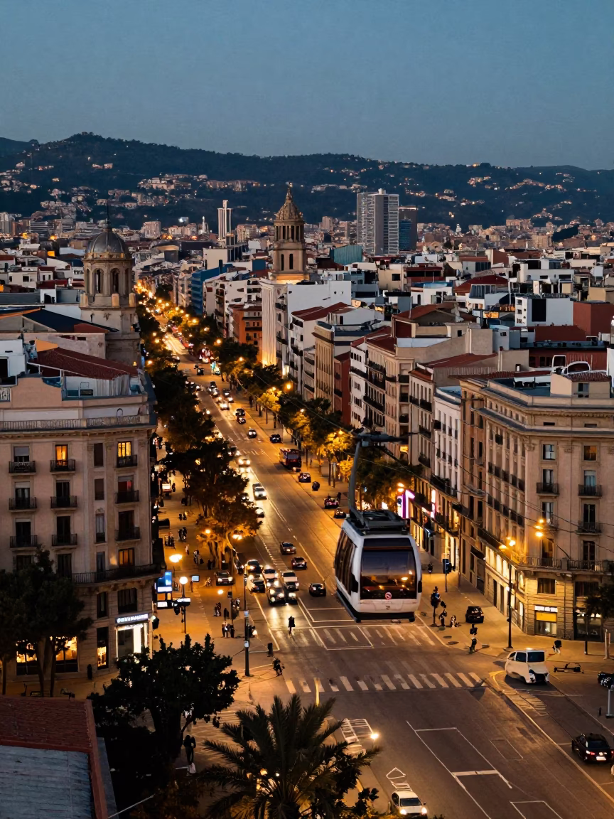 Barcelona Evening Street Scene with Aerial Tramway and City Lights in in Barcelona, Spain