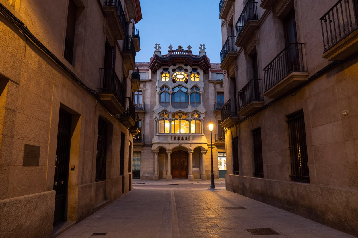 Barcelona Evening Street Scene with Architectural Details and Local Life in in Barcelona, Spain