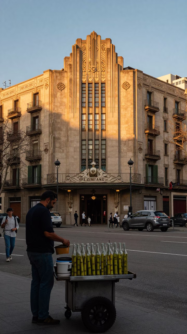 Barcelona Evening Street Scene with Art Deco Facade and Fresh Sugarcane Juice in in Barcelona, Spain