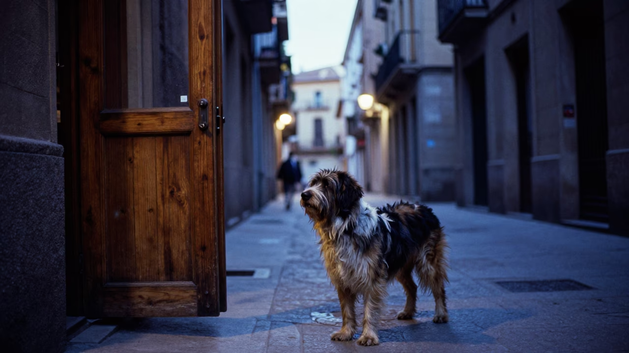 Barcelona Evening Street Scene with Bergamasco Sheepdog and Wooden Hanger Detail in in Barcelona, Spain