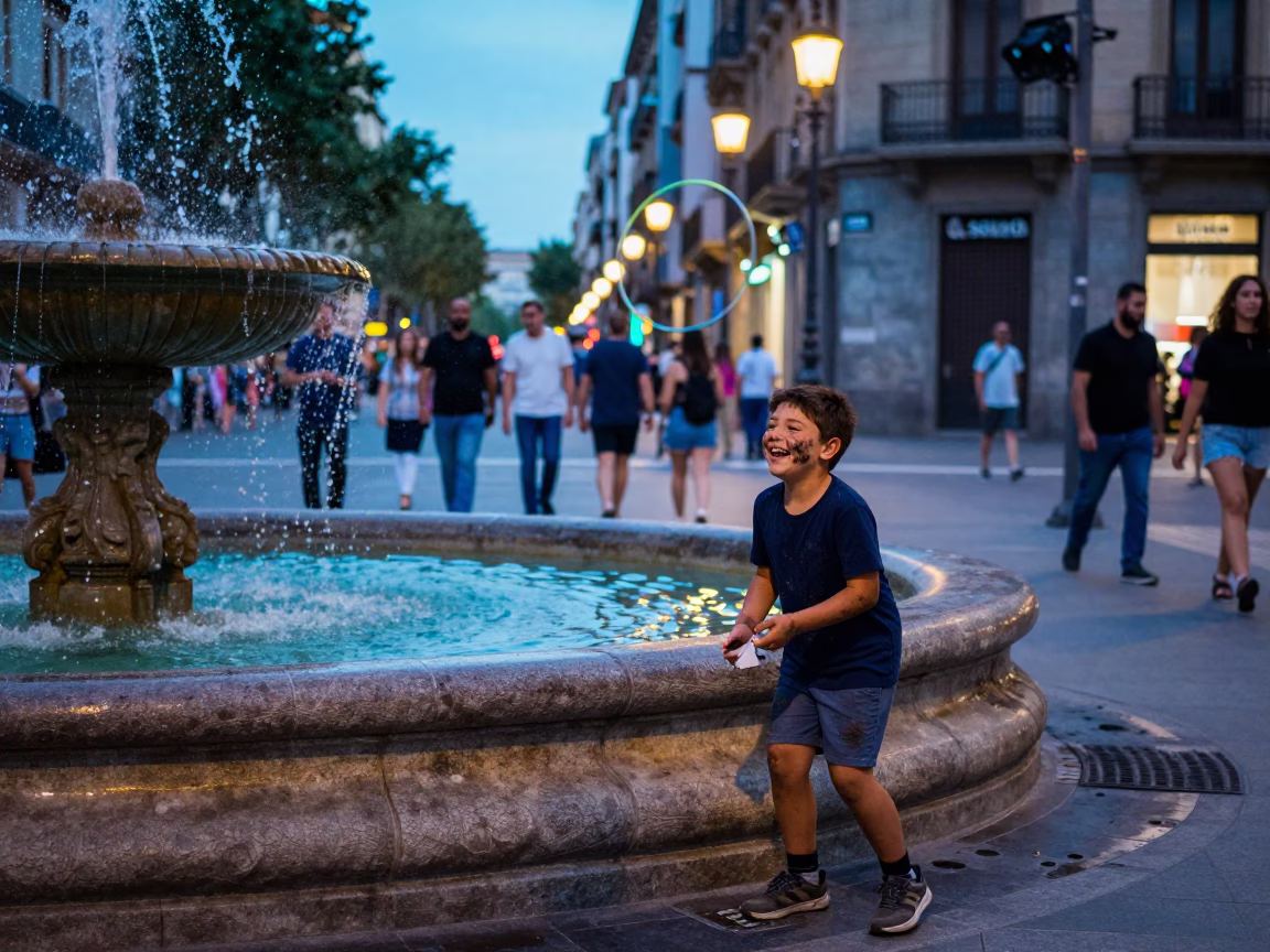 Barcelona Evening Street Scene with Boy and Water Rings in in Barcelona, Spain