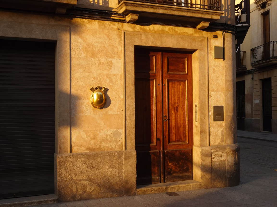 Barcelona Evening Street Scene with Brass Escutcheon and Wooden Tray in in Barcelona, Spain