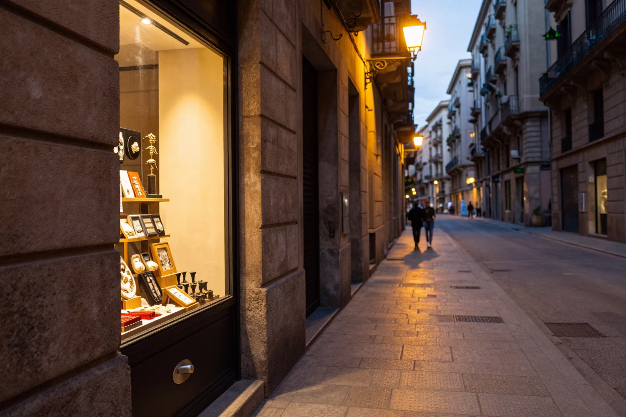 Barcelona Evening Street Scene with Brushed Steel Drawer Pull on Shop Display in in Barcelona, Spain
