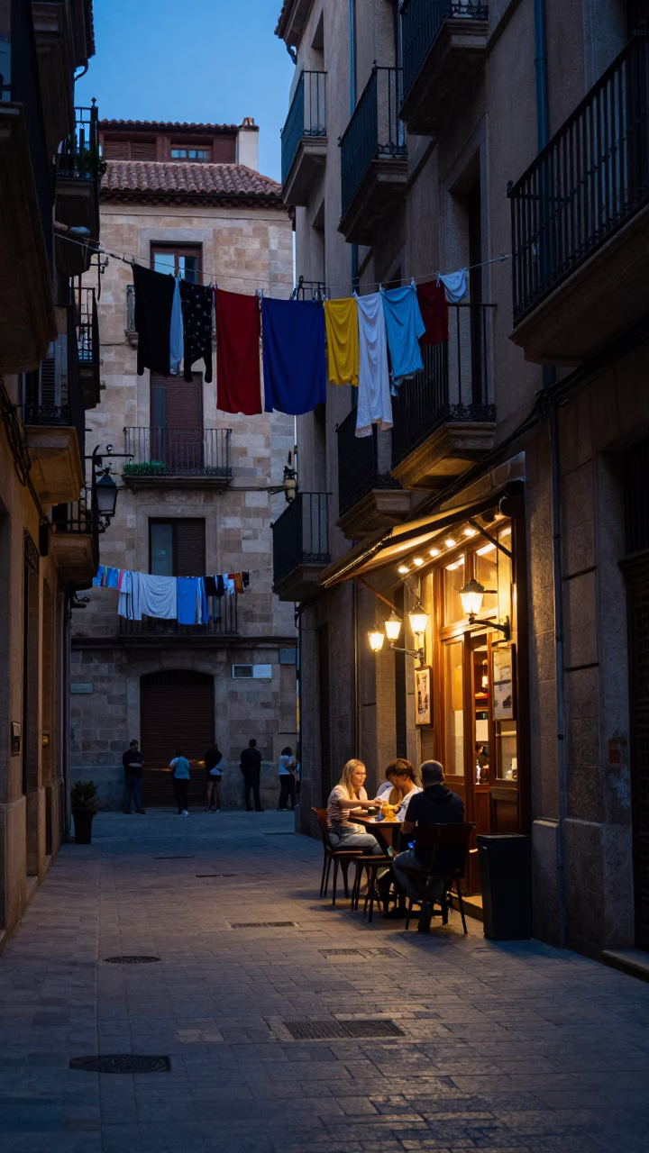 Barcelona Evening Street Scene with Colorful Laundry and Local Details in in Barcelona, Spain