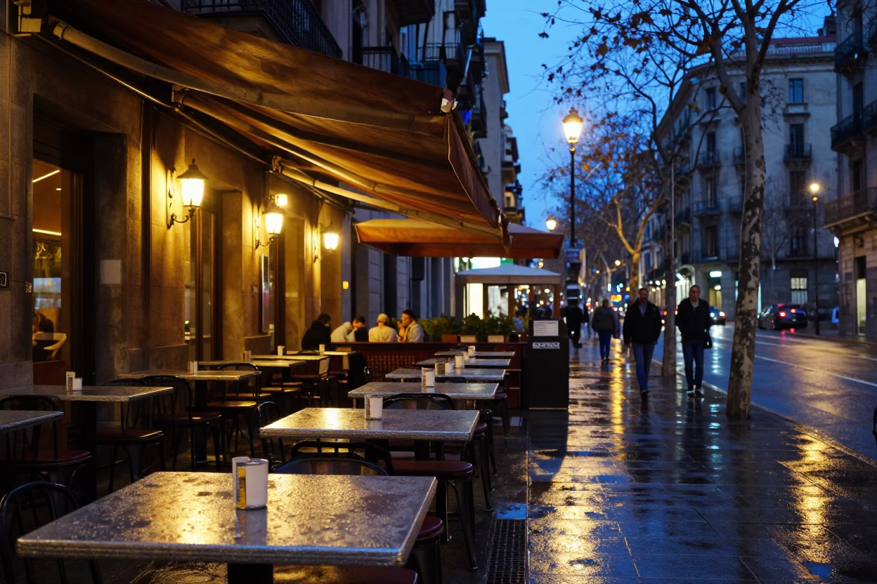 Barcelona Evening Street Scene with Condensation on Tabletop and Steaming Genmaicha Tea in in Barcelona, Spain
