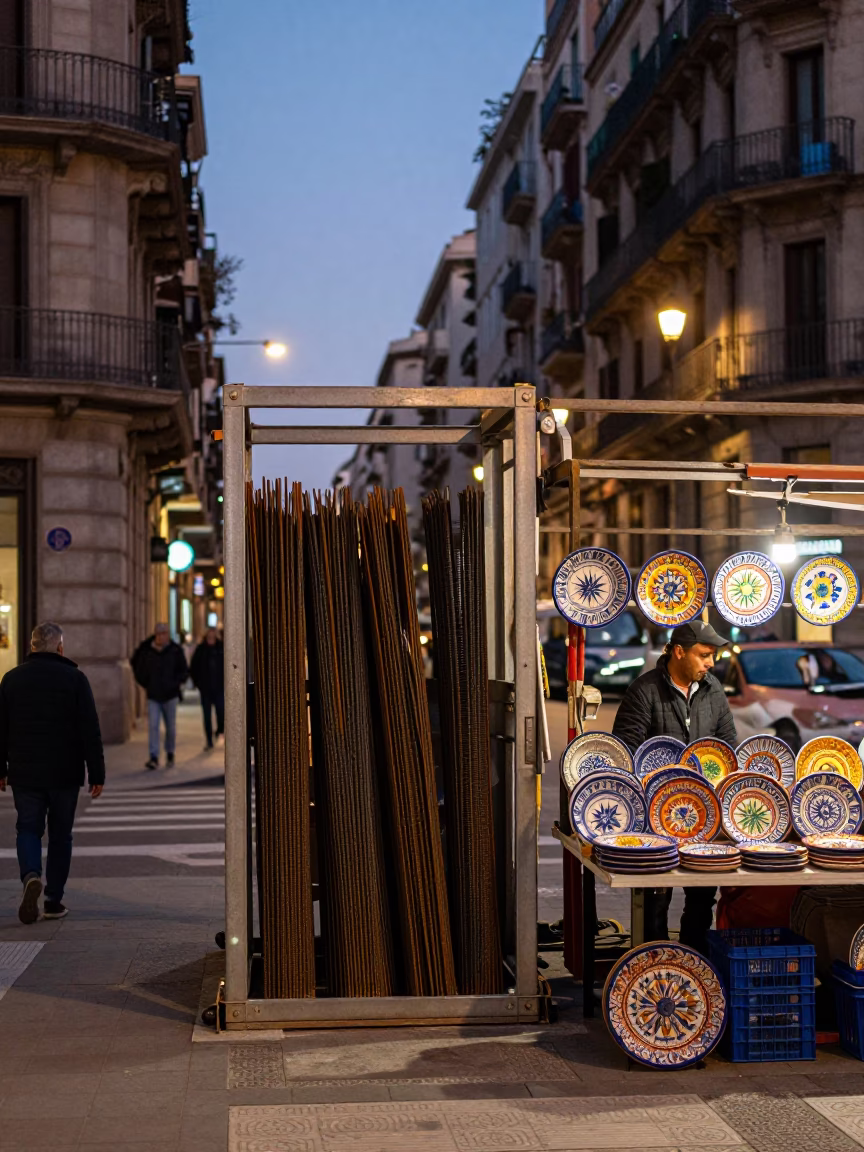 Barcelona Evening Street Scene with Construction Gate and Majolica Plates in in Barcelona, Spain