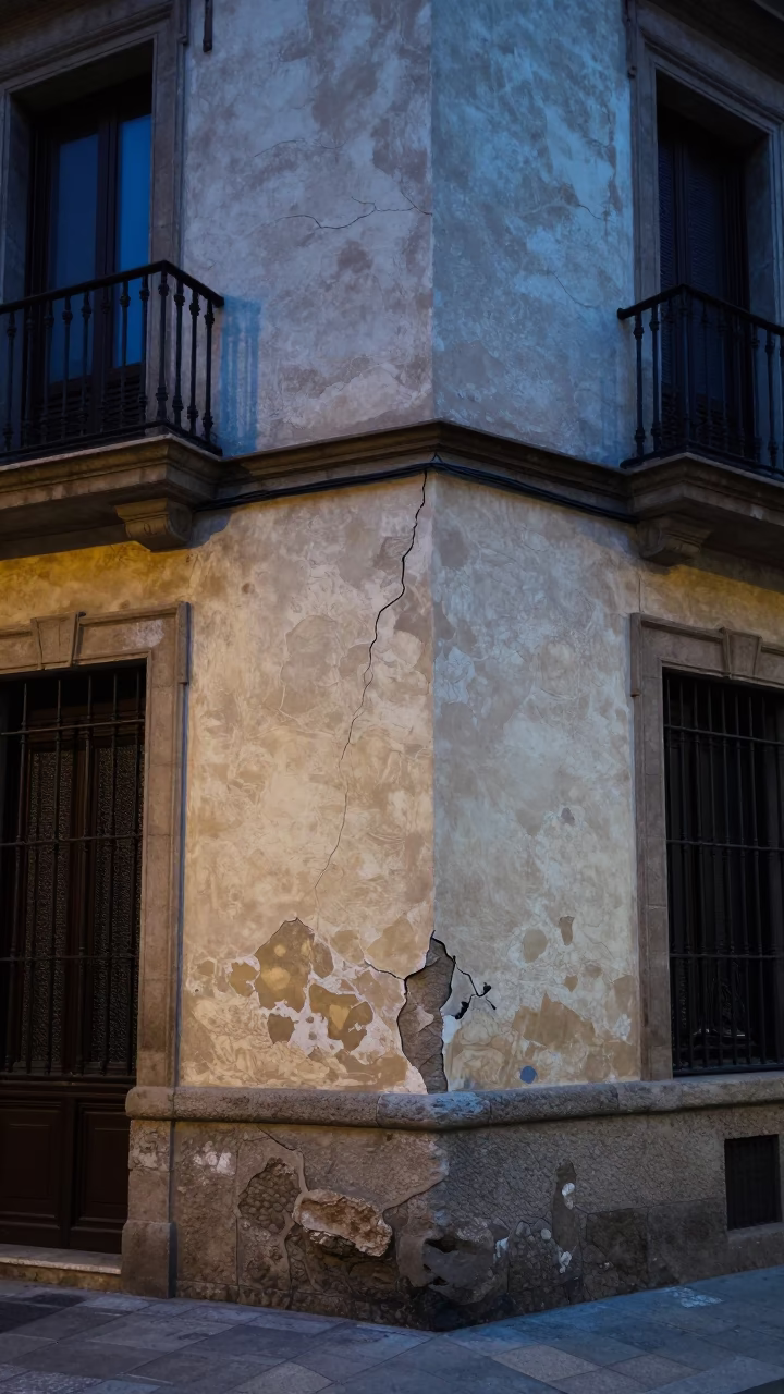 Barcelona Evening Street Scene with Cracked Stucco and Local Details in in Barcelona, Spain