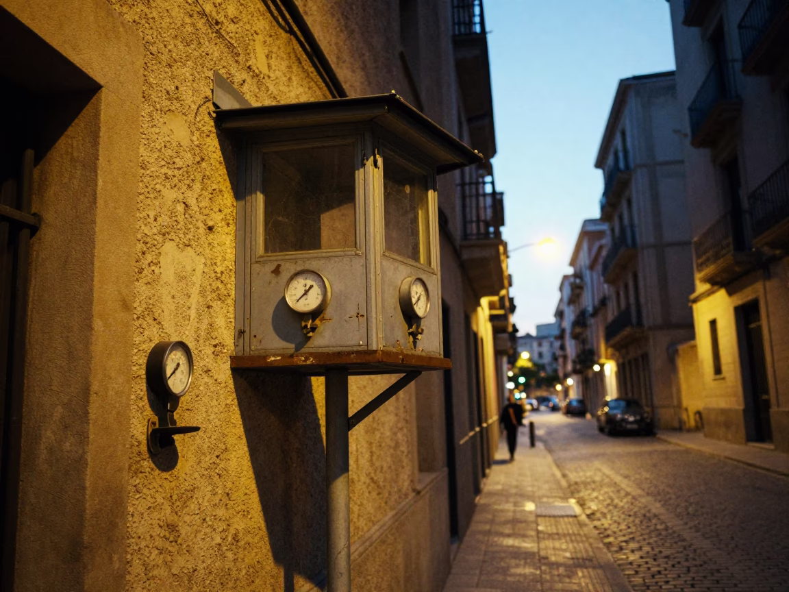 Barcelona Evening Street Scene with Crumbling Weather Station and Tree at Dusk in in Barcelona, Spain