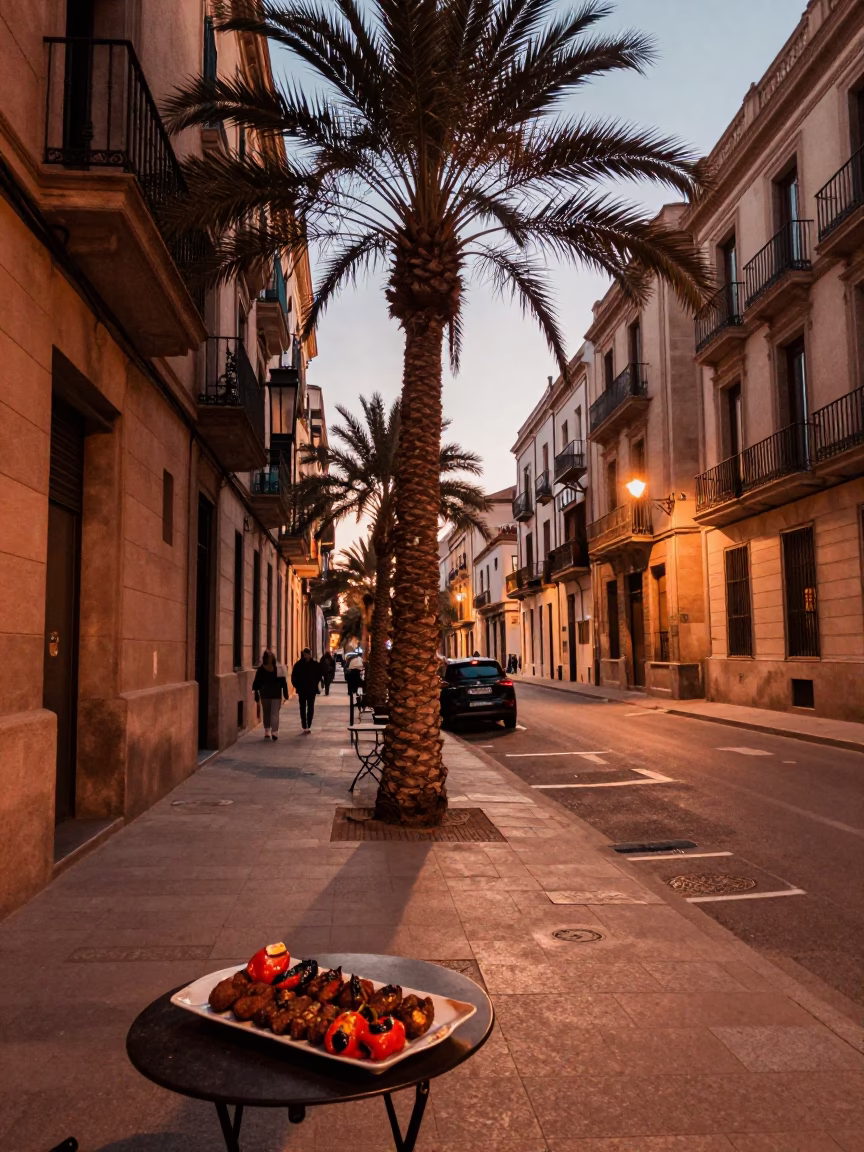 Barcelona Evening Street Scene with Date Palm and Local Dining in Copper Light in in Barcelona, Spain
