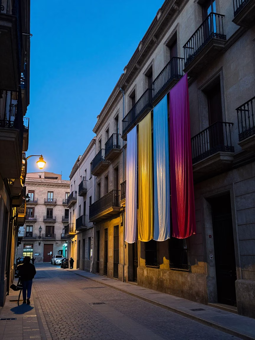 Barcelona Evening Street Scene with Dye Workshop and Local Life in in Barcelona, Spain