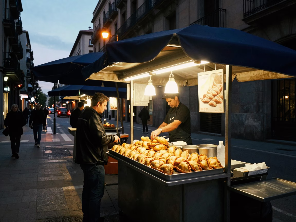 Barcelona Evening Street Scene with Empanadas and Umbrellas in in Barcelona, Spain