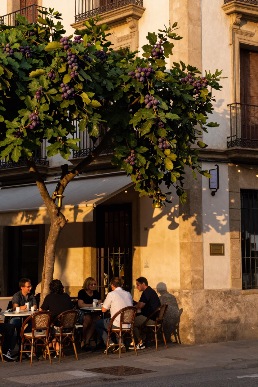 Barcelona Evening Street Scene with Fig Tree and Brass Stool in Honeyed Light in in Barcelona, Spain