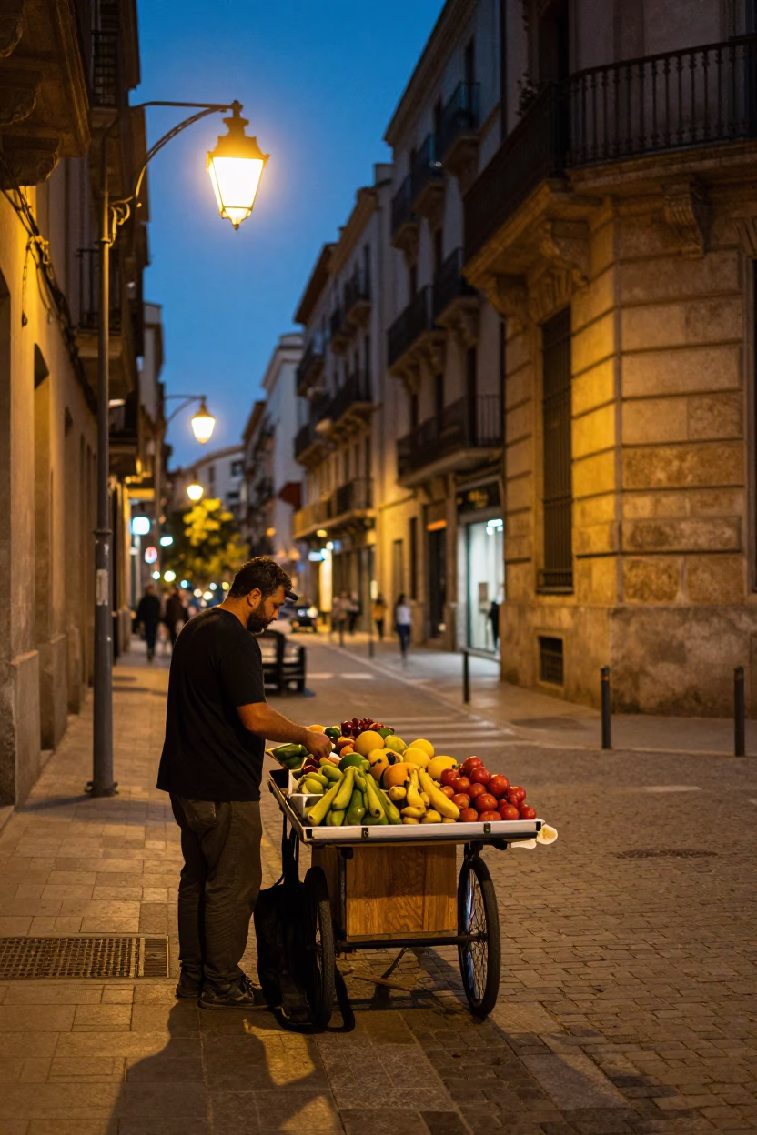 Barcelona evening street scene with fruit vendor and city lights glowing in in Barcelona, Spain