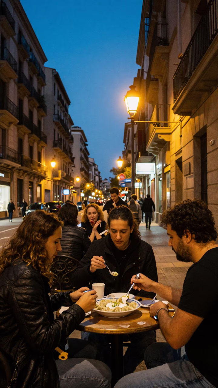 Barcelona evening street scene with glowing lights and candid local life in in Barcelona, Spain