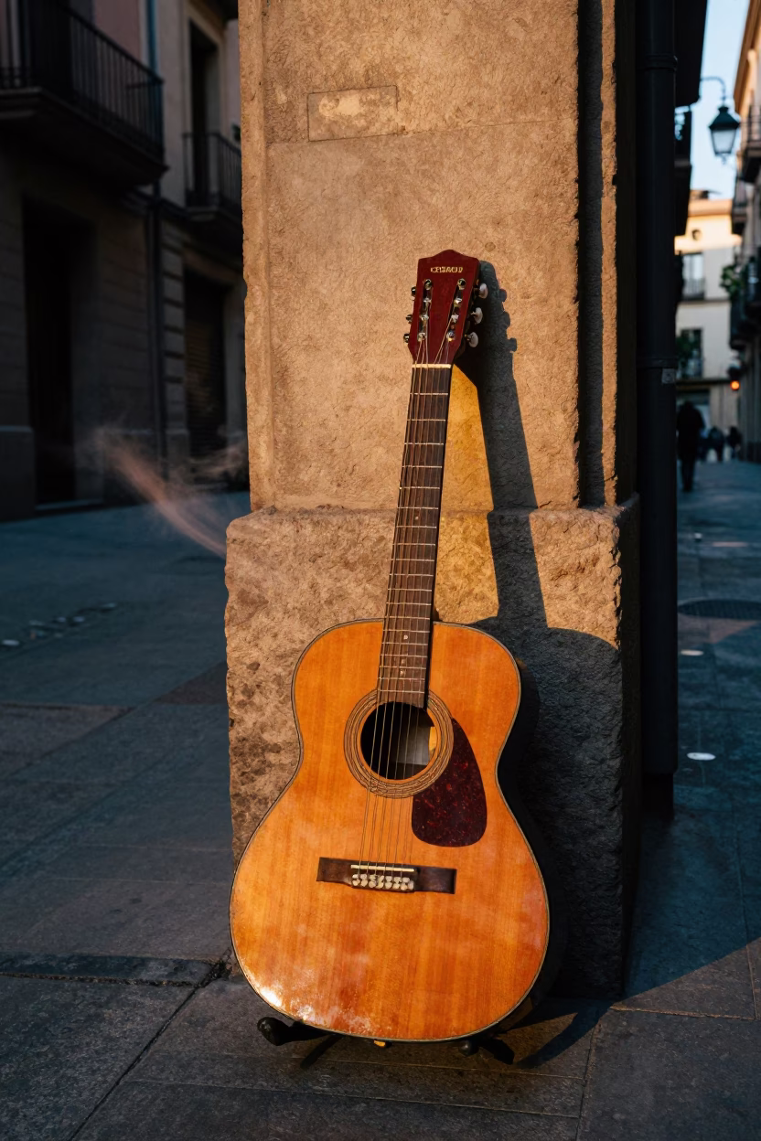 Barcelona Evening Street Scene with Guitar and Steam in Honeyed Light in in Barcelona, Spain