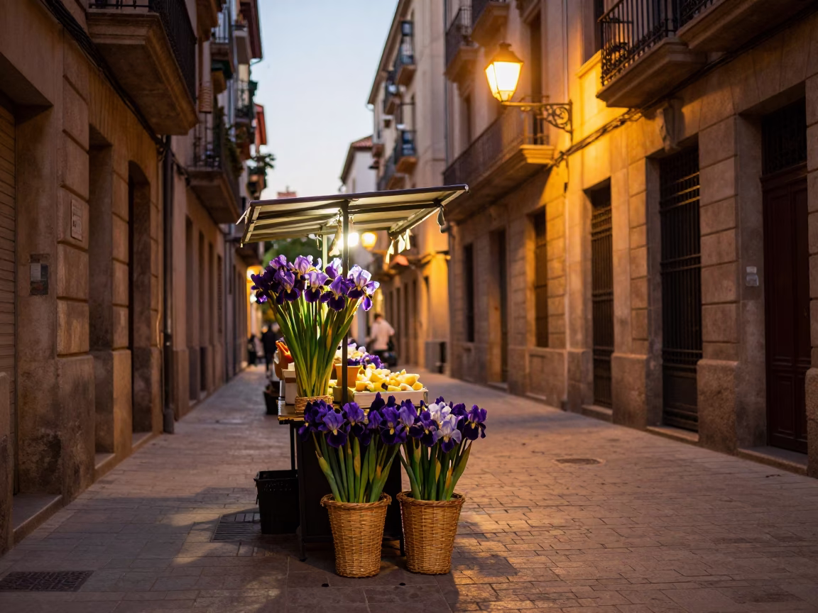 Barcelona Evening Street Scene with Iris Blossoms and Lantern Alley in in Barcelona, Spain