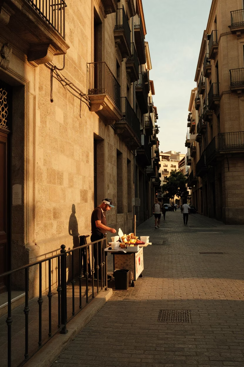 Barcelona Evening Street Scene with Local Street Food Vendor and Urban Architecture in in Barcelona, Spain