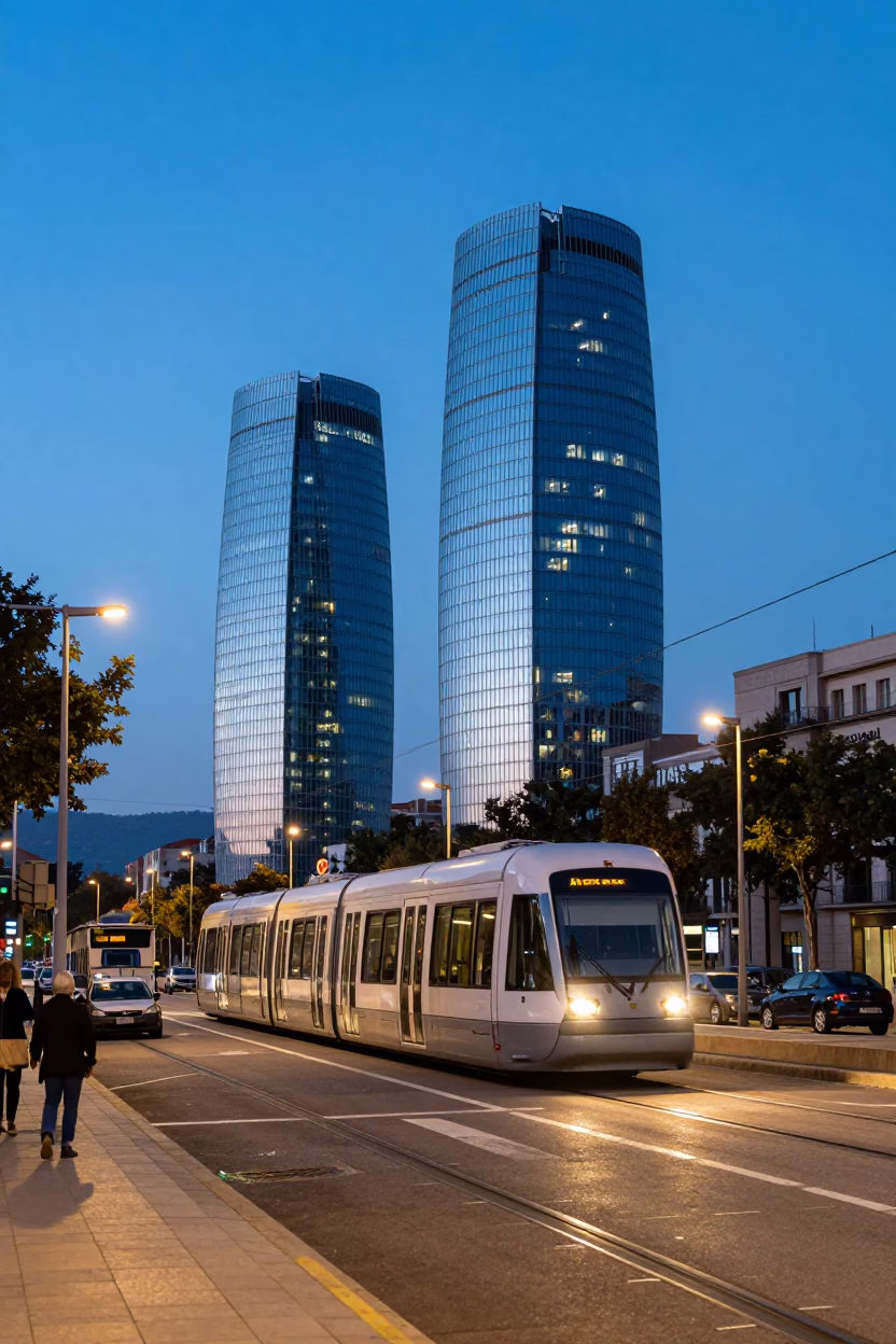 Barcelona Evening Street Scene with Monorail and Glass Towers in Blue Hour in in Barcelona, Spain
