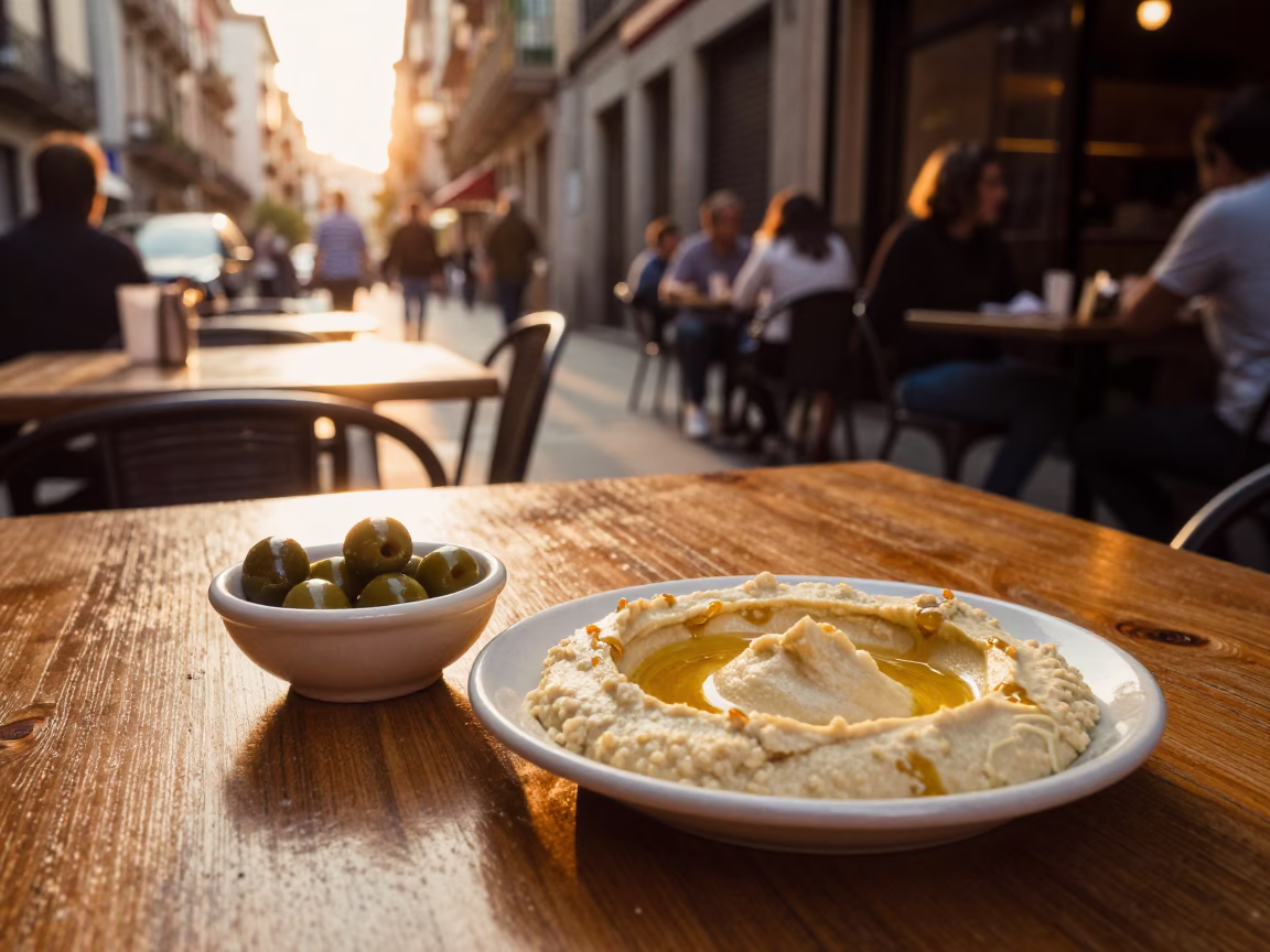 Barcelona Evening Street Scene with Olive Dish and Hummus Spread in Honeyed Light in in Barcelona, Spain