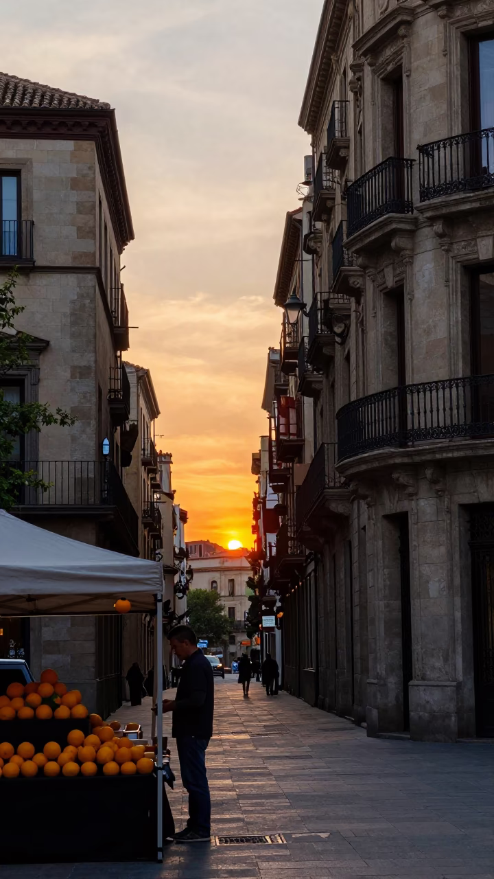 Barcelona Evening Street Scene with Oranges and Traditional Architecture in in Barcelona, Spain