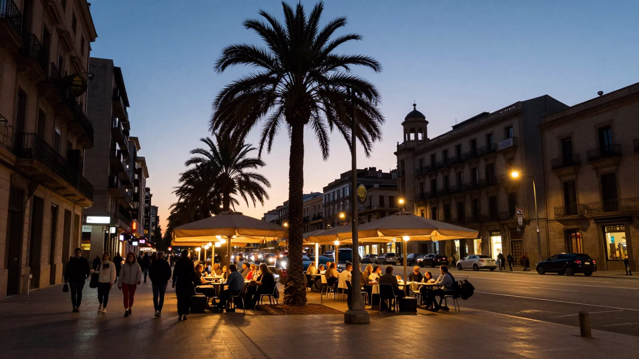 Barcelona Evening Street Scene with Palm Tree Silhouette and Local Diners at Twilight in in Barcelona, Spain