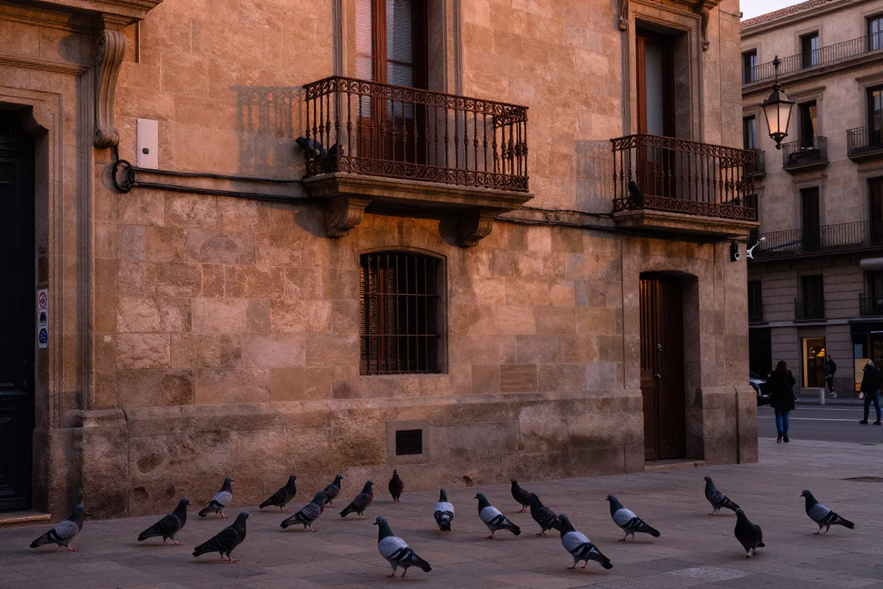 Barcelona Evening Street Scene with Pigeons and Climbing Morning Glory in Copper Light in in Barcelona, Spain