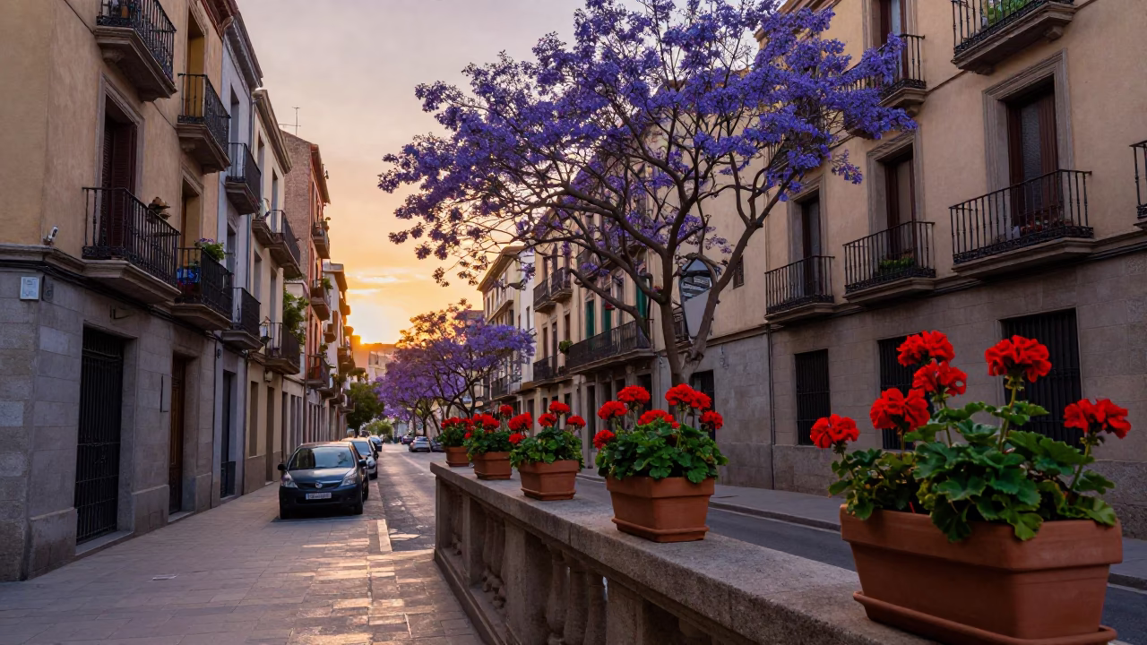 Barcelona Evening Street Scene with Potted Geraniums and Jacaranda Tree at Sunset in in Barcelona, Spain
