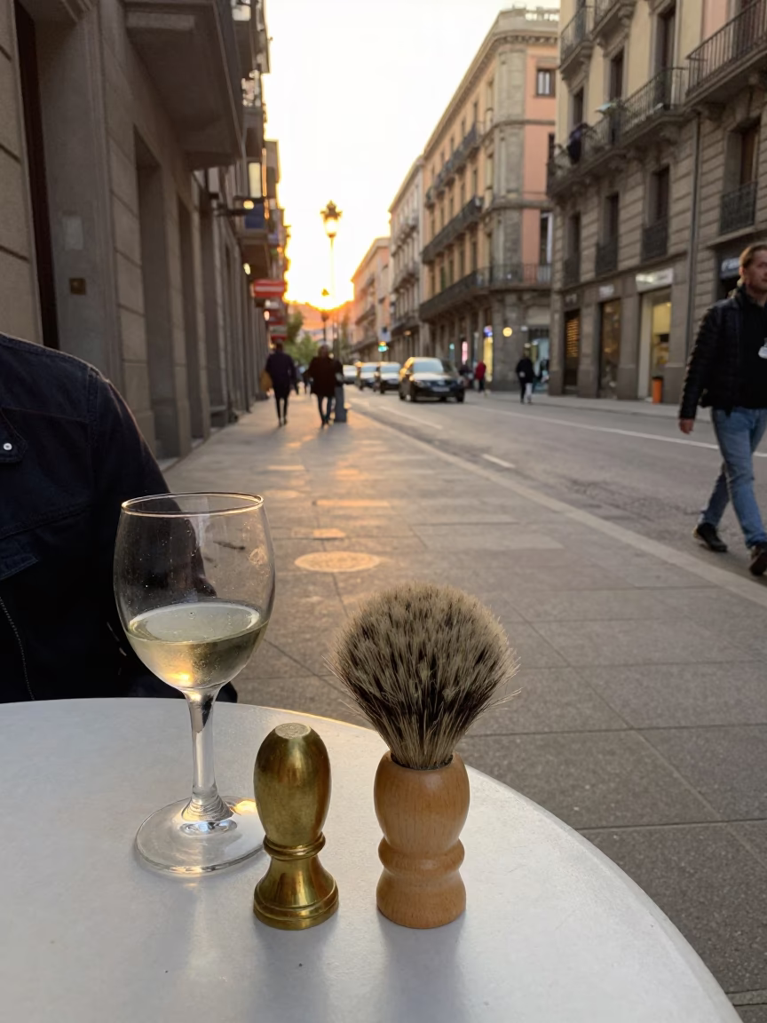 Barcelona Evening Street Scene with Shaving Brush and Brass Fixtures in Honeyed Light in in Barcelona, Spain