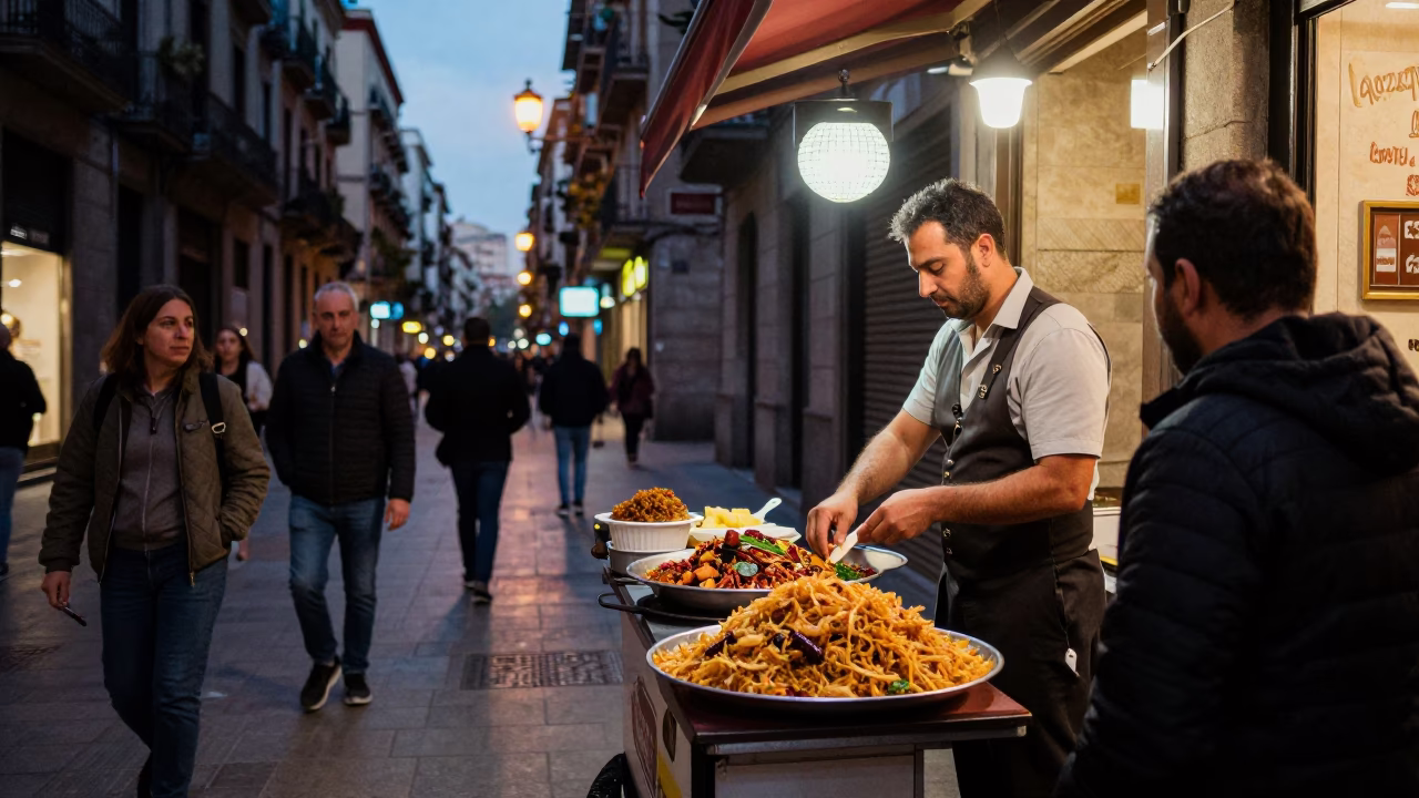 Barcelona Evening Street Scene with Spicy Food and Tailor Tools in in Barcelona, Spain