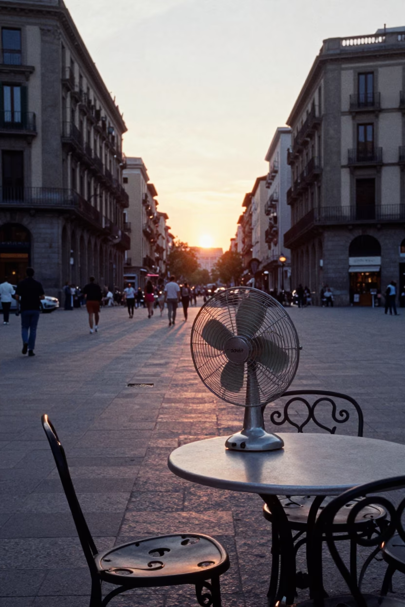 Barcelona Evening Street Scene with Table Fan and Local Life in in Barcelona, Spain