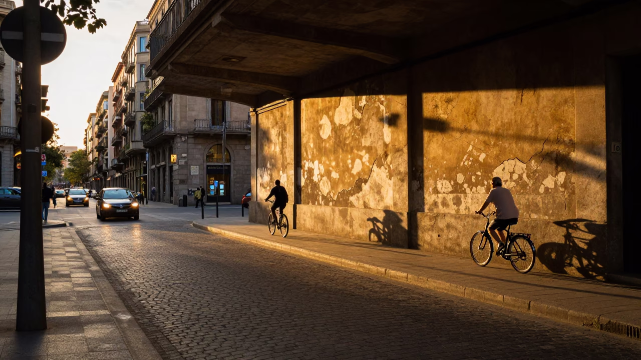 Barcelona Evening Street Scene with Traffic Shadows and Urban Details in in Barcelona, Spain