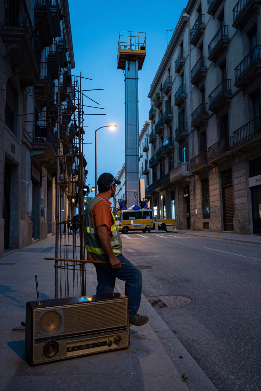 Barcelona Evening Street Scene with Vintage Radio and Rebar Construction Site in Blue Hour in in Barcelona, Spain