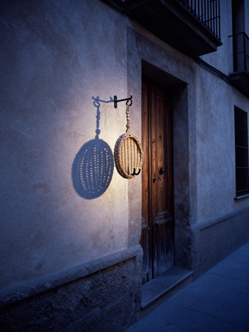 Barcelona Evening Street Scene with Wicker Shadow on Hook Plate and Kitchen Stool in in Barcelona, Spain