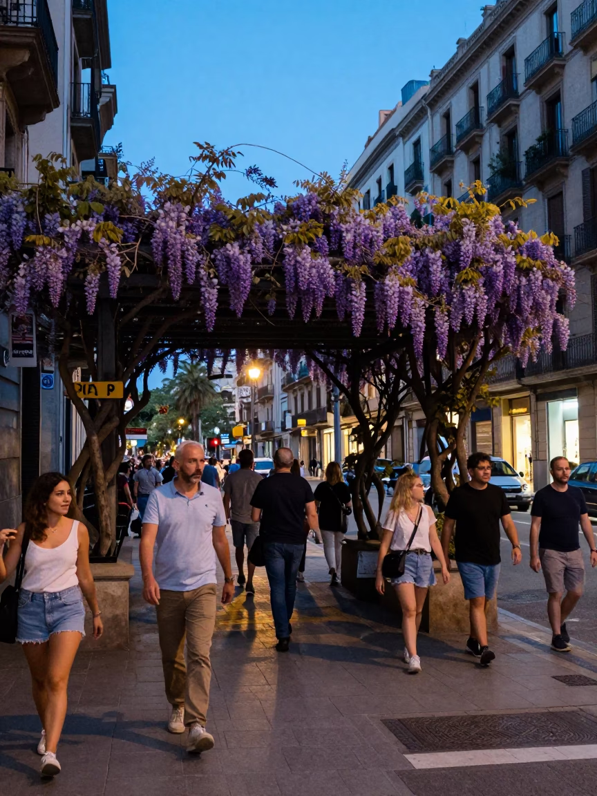 Barcelona Evening Street Scene with Wisteria Pergola and Urban Life in Blue Hour in in Barcelona, Spain