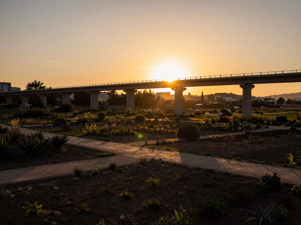 Barcelona Evening Sunset Golden Hour Viaduct Shadow Allotment Gardens Realistic Photograph in in Barcelona, Spain