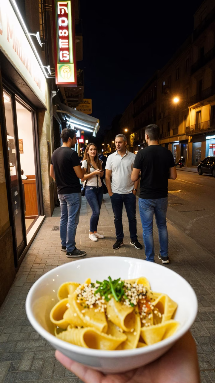 Barcelona Food Scene at Midnight Light in in Barcelona, Spain