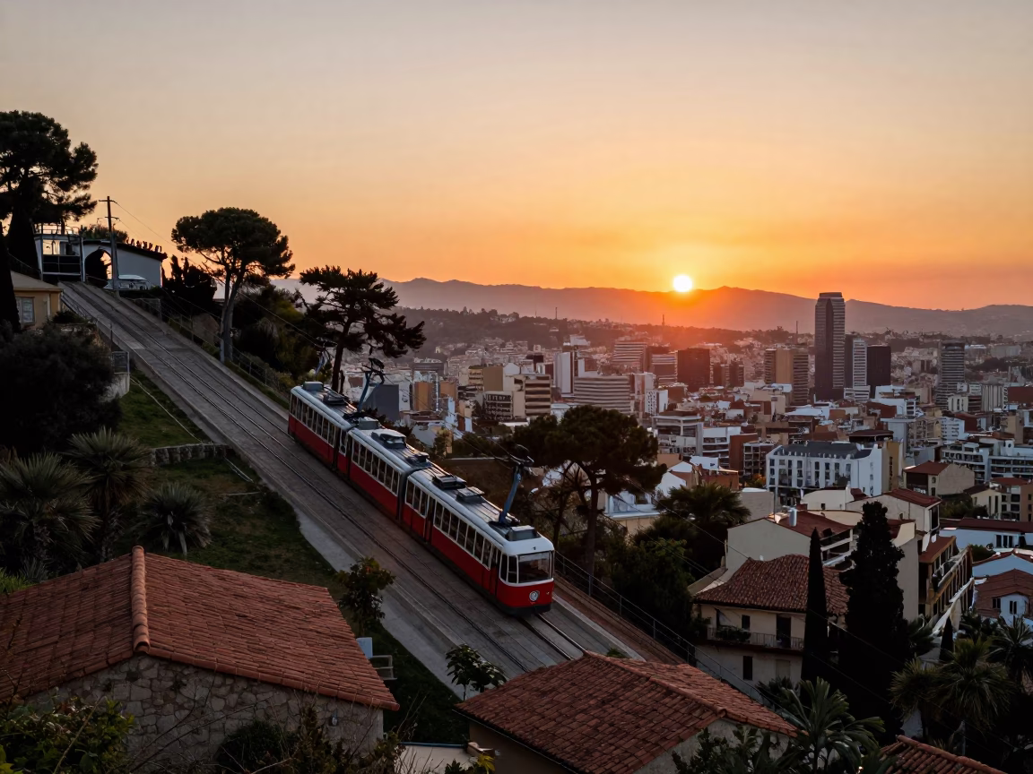 Barcelona Funicular Climbing Steep Hill at Sunset with Urban Architecture in in Barcelona, Spain
