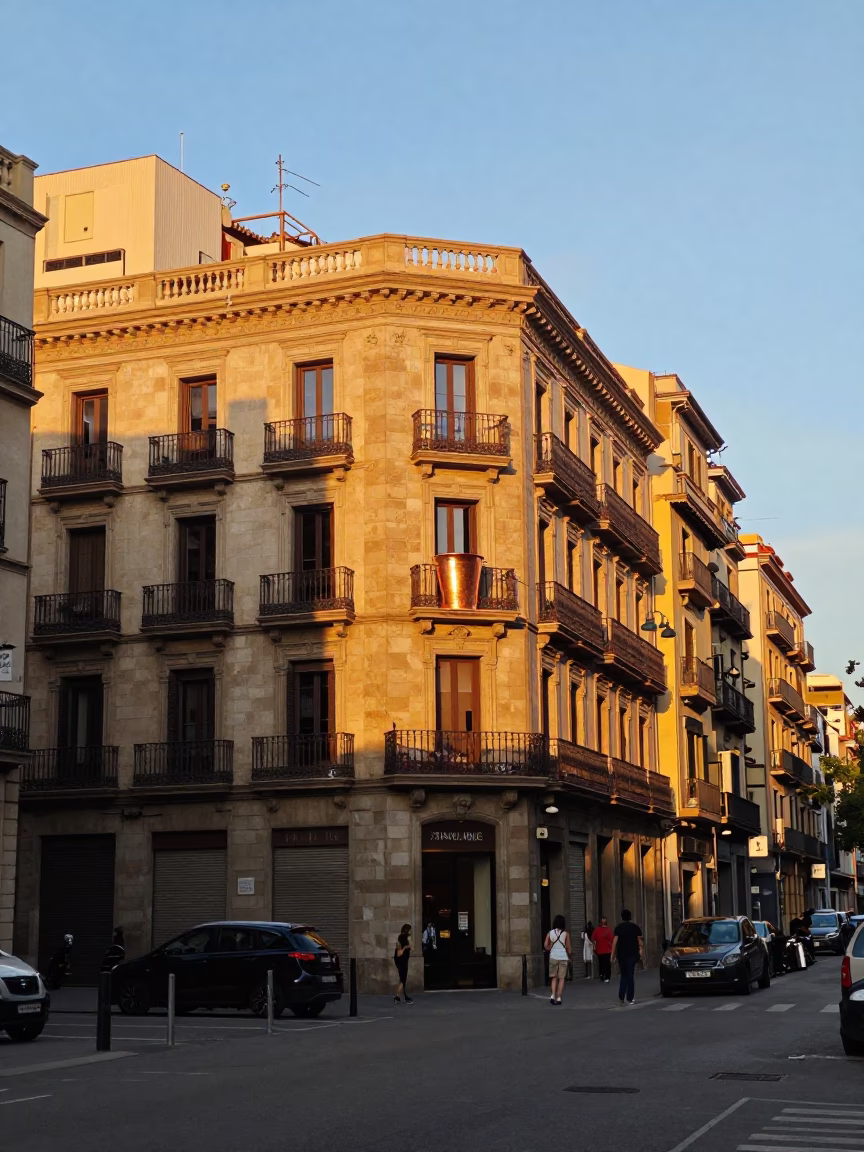 Barcelona Golden Hour Street Scene with Copper Cup and Urban Rooftop Details in in Barcelona, Spain