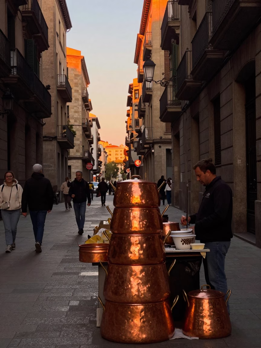Barcelona Golden Hour Street Scene with Copper Pots and Urban Life in in Barcelona, Spain