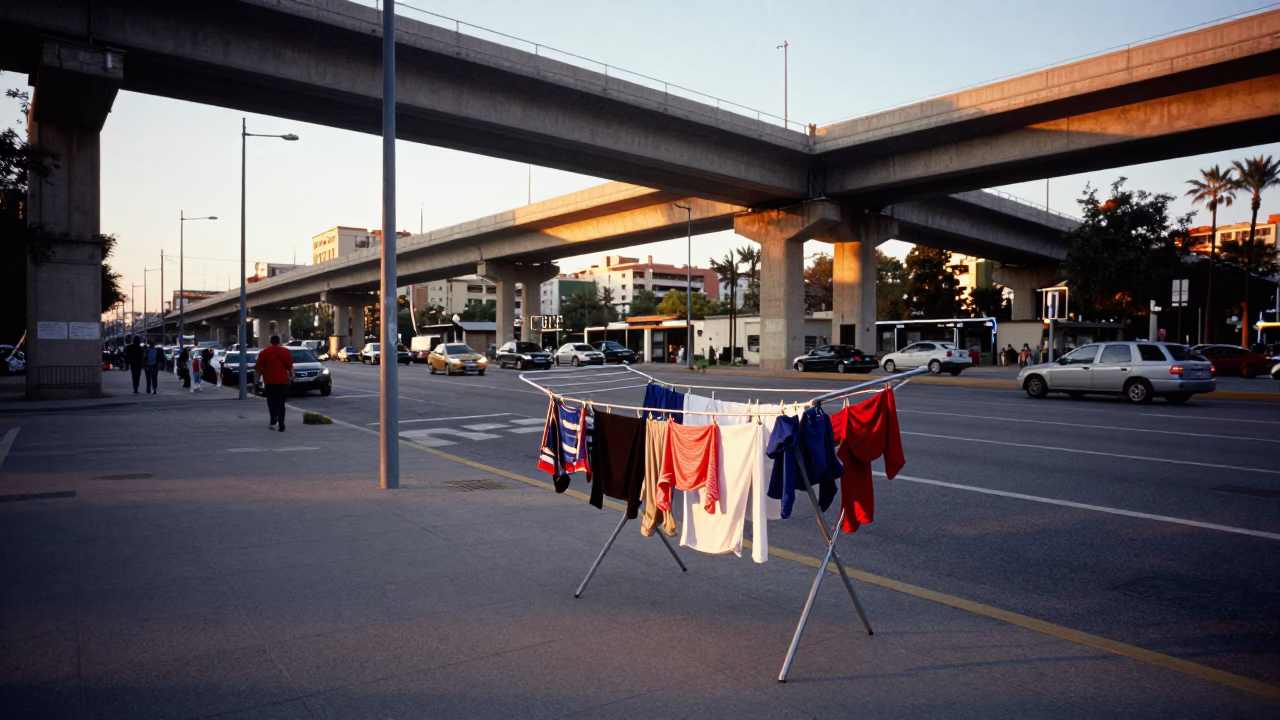 Barcelona Golden Hour Street Scene with Drying Rack and Highway Flyover in in Barcelona, Spain