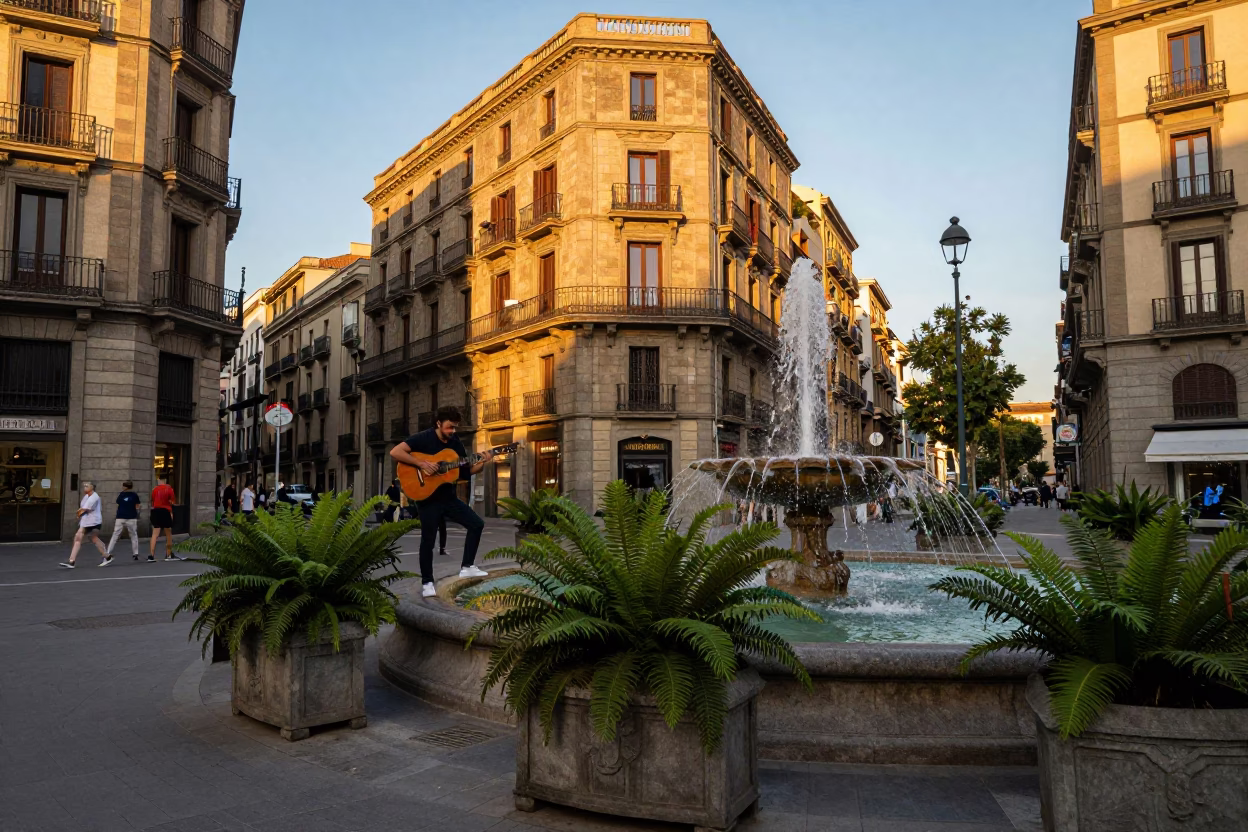 Barcelona Golden Hour Street Scene with Guitarist and Fountain in in Barcelona, Spain
