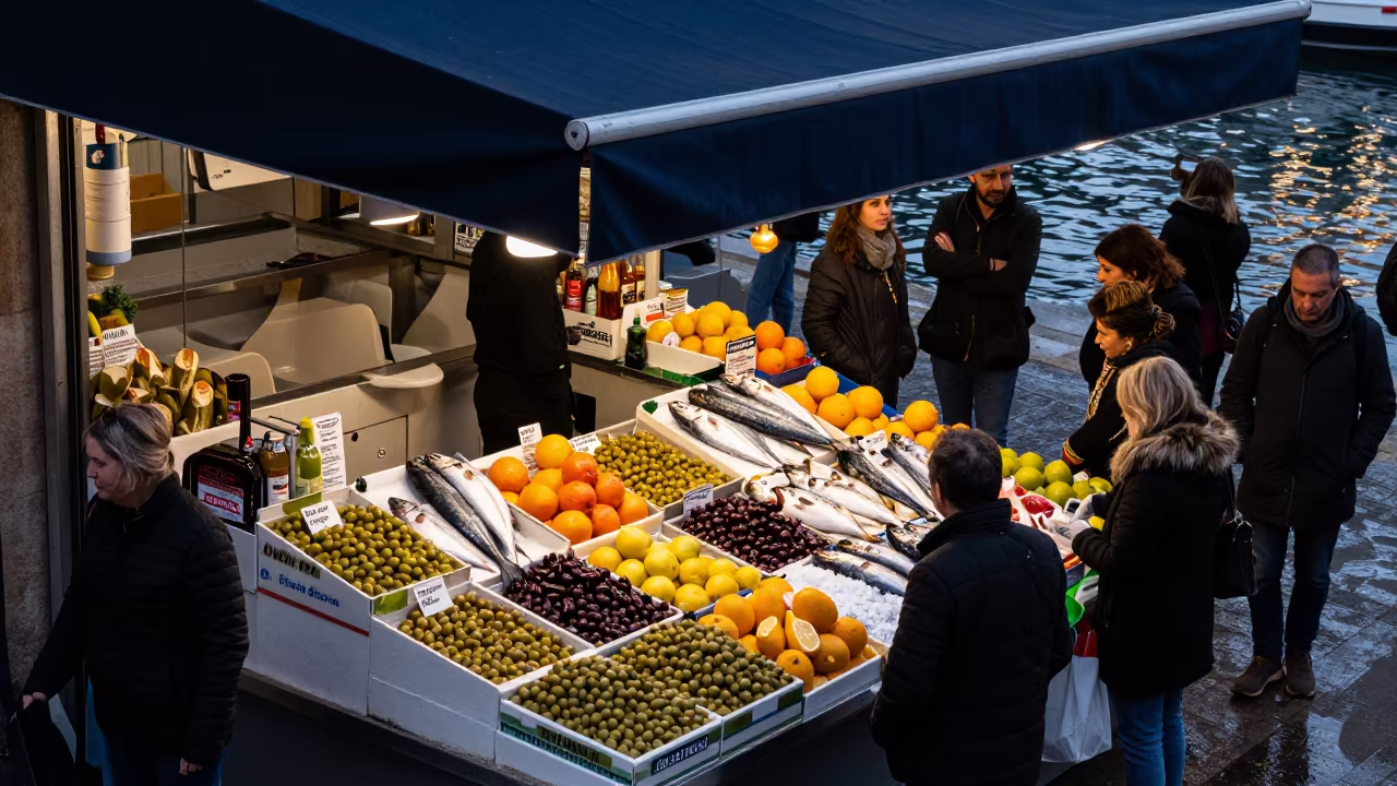 Barcelona Harbor Market Stall with Olives and Salt in beside a fish counter in Barcelona