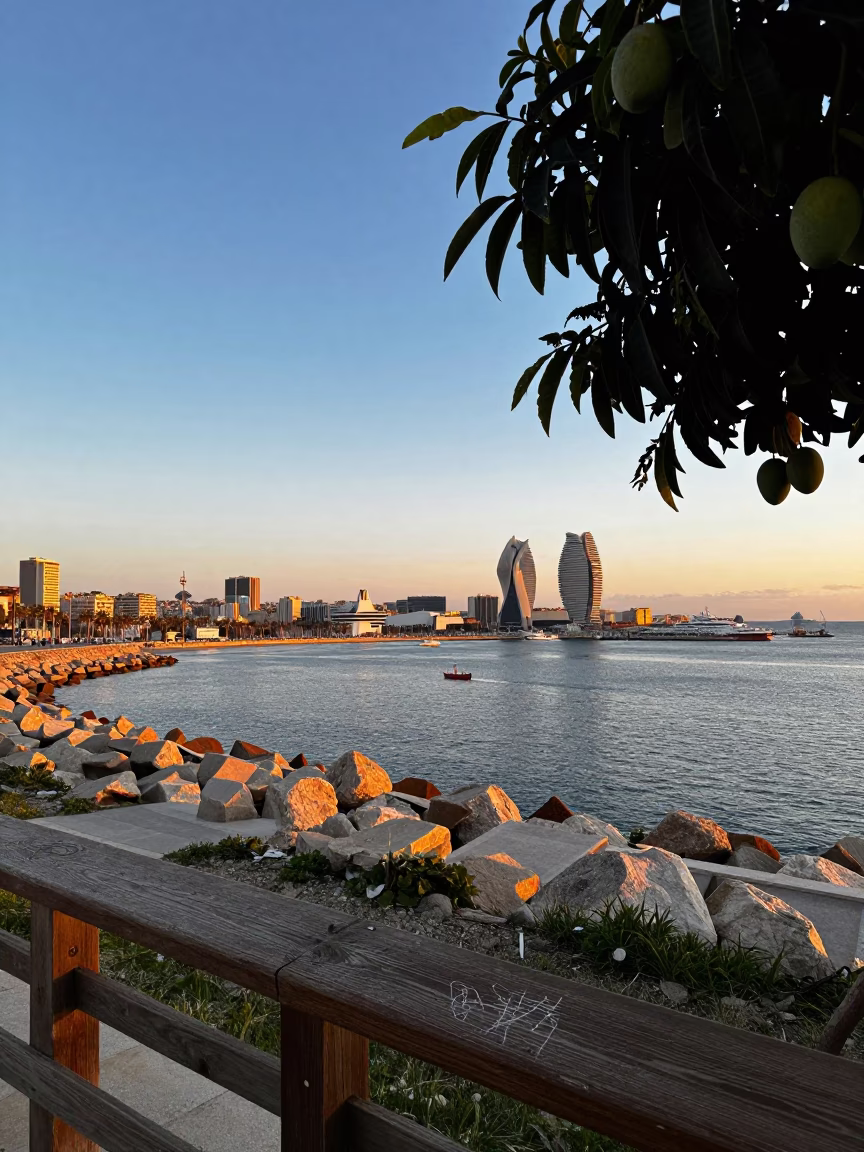 Barcelona Harbor Sunset View with Postcards and Mango Tree in in Barcelona, Spain