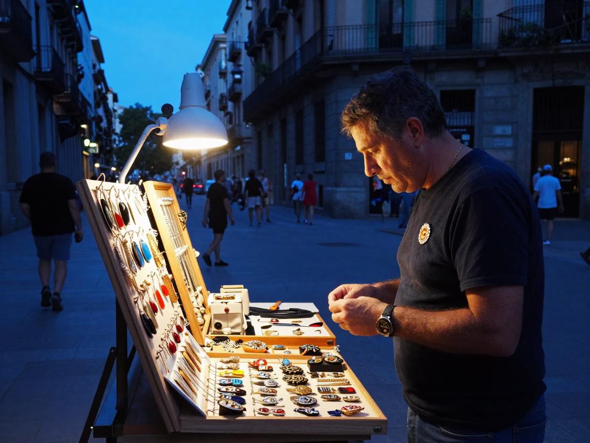 Barcelona Indigo Twilight Street Scene with Brooch and Pin Cushion Details in in Barcelona, Spain