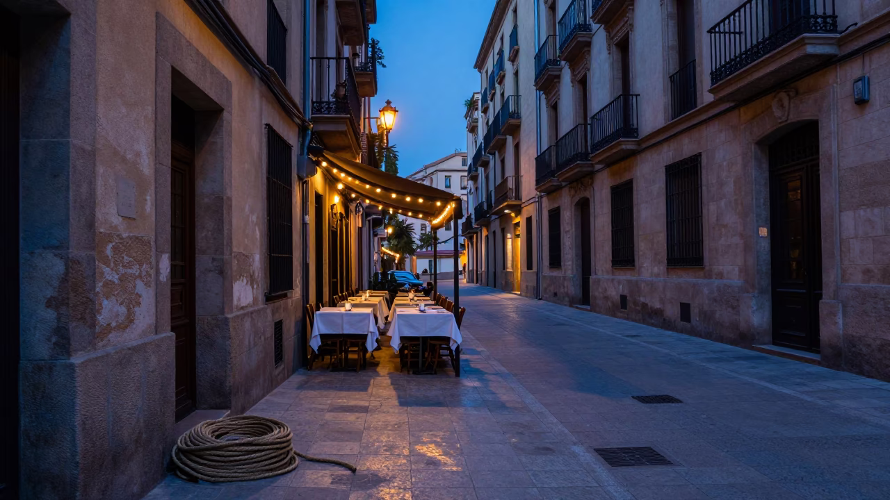 Barcelona indigo twilight street scene with coiled rope and water rings in in Barcelona, Spain