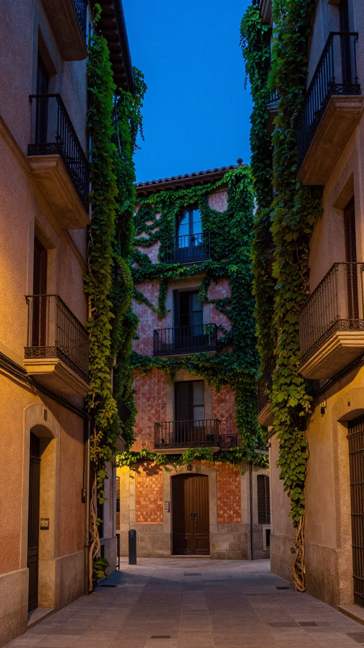 Barcelona indigo twilight street scene with ivy vines and local life in in Barcelona, Spain