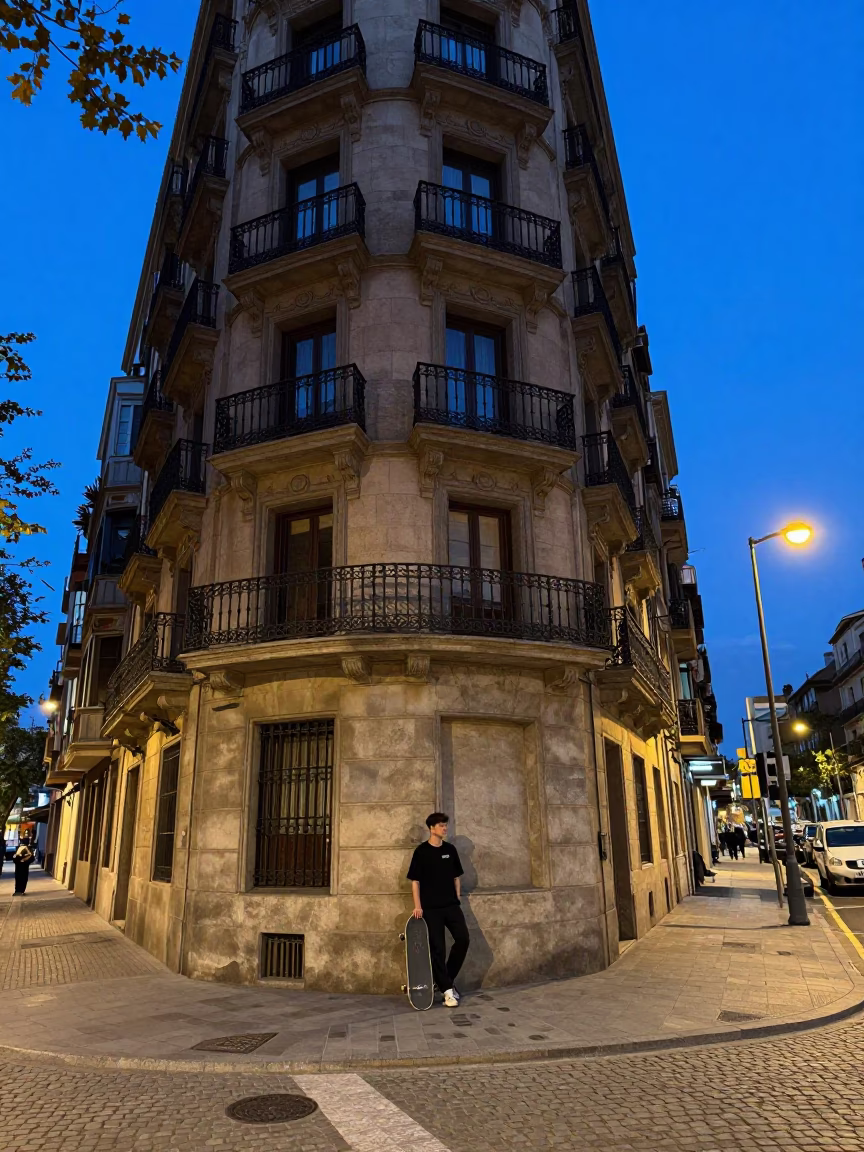 Barcelona indigo twilight street scene with skateboarder near modernist architecture in in Barcelona, Spain