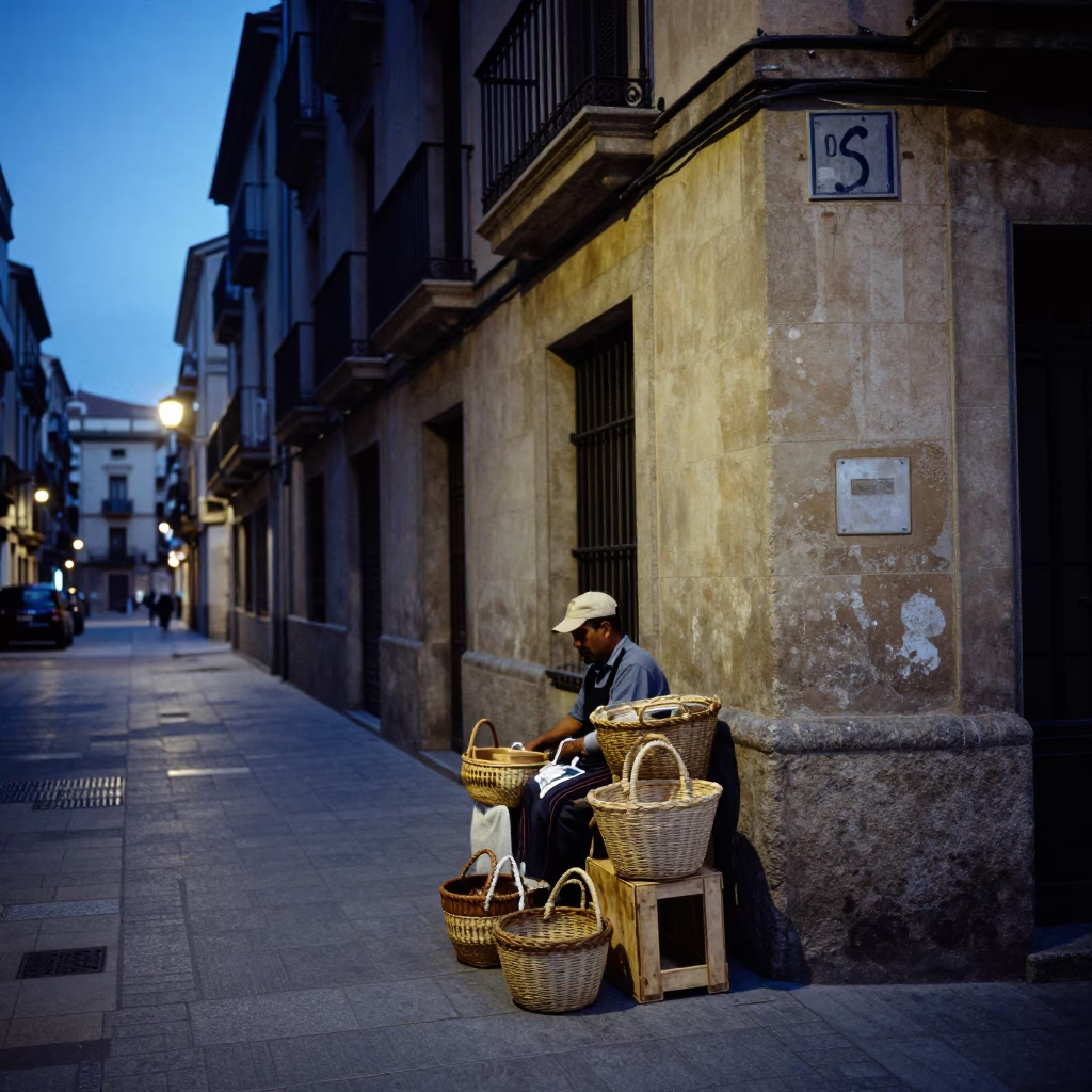 Barcelona indigo twilight street scene with woven baskets and urban life in in Barcelona, Spain